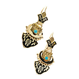 14K Yellow Gold & Blue Enamel with Turquoise Earrings