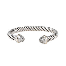 David Yurman Sterling Silver Cable 18k White Gold 0.49ct. Diamonds Cuff Bracelet