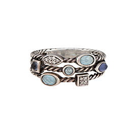 David Yurman 925 Sterling Silver Confetti Three-Row Blue Topaz Iolite 0.07ctw Diamond Ring size 9.5