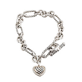 David Yurman Sterling Silver Pave Heart Charm 0.20ct Diamonds on Figaro Bracelet