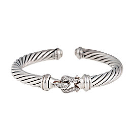 David Yurman Sterling SIlver With 0.18ct. Diamond Buckle Cable Cuff Bracelet