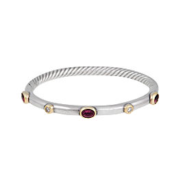 David Yurman Sterling Silver and 18k Yellow Gold Pink Sapphire and 0.16ct Diamond Hinged Bracelet