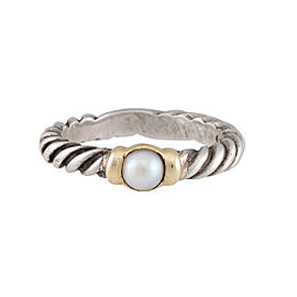 David Yurman Two-Tone Cultured Pearl Cable Ring Size 4.75