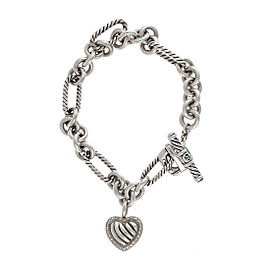 David Yurman 925 Sterling Silver & 18K White Gold Diamond Heart "Figaro" Bracelet