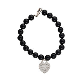 Tiffany & Co. 925 Sterling Silver Black Beads Heart Charm Bracelet