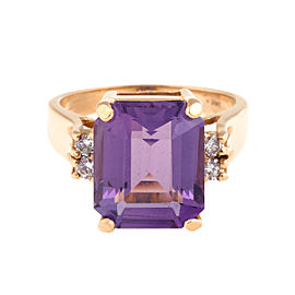 14k Yellow Gold Rectangular Step Cut Amethyst and 0.12ct. Round Brilliant Cut Diamonds Ring Size 5.5