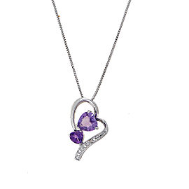 Sterling Silver Amethyst Heart Pendant Diamond Necklace