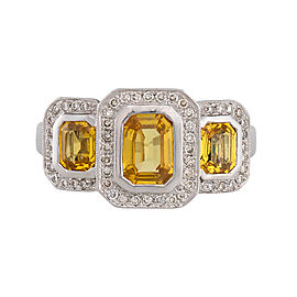 14K White Gold Three Stone Yellow Sapphire Diamond Ring Size 7.5