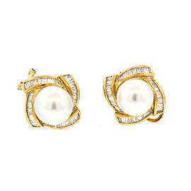 14k Yellow Gold Pearl and Diamond Stud Earrings