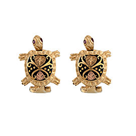 14K Yellow Gold Black Enamel Turtle Omega Back Earrings