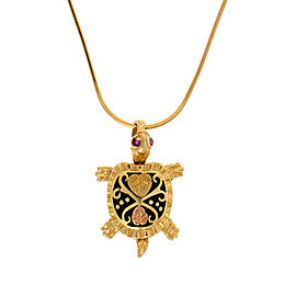 14K Yellow Gold Black Enamel Turtle Pendant Necklace