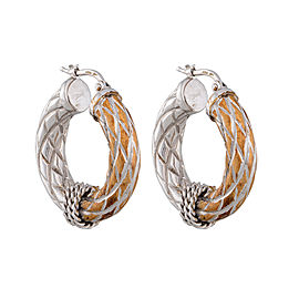 14K White Gold Yellow Gold Brushed Finish Hollow Hoops