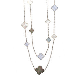 Van Cleef & Arpels Magic Alhambra 18K White Gold Black & White Mother of Pearl & Blue Lace Agate Station Necklace