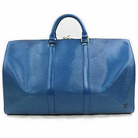 Louis Vuitton Blue Leather Epi Keepall 50 Duffle Boston Travel 860958