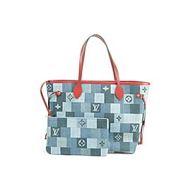 Louis Vuitton Neverfull Mm with Pouch 850999 Blue X Red Monogram Denim Patchwork Tote