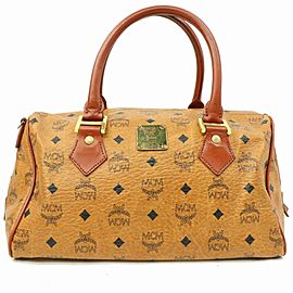 MCM Cognac Monogram Visetos Boston 870307 Brown Canvas Satchel