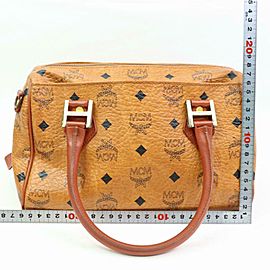 MCM Cognac Monogram Visetos Boston 870312 Brown Coated Canvas Satchel