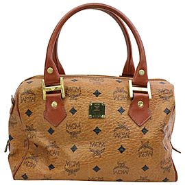 MCM Cognac Monogram Visetos Boston 870495 Brown Coated Canvas Satchel