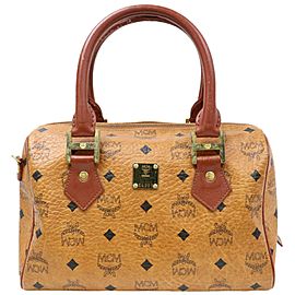 MCM Cognac Monogram Visetos Boston 870825 Brown Coated Canvas Satchel