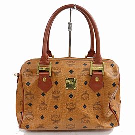 MCM Cognac Monogram Visetos Boston 870968 Brown Coated Canvas Satchel