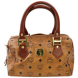 MCM Cognac Monogram Visetos Boston 871075 Brown Coated Canvas Satchel