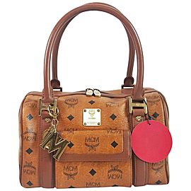 MCM Cognac Monogram Visetos Boston with Charm 867551 Brown Coated Canvas Satchel