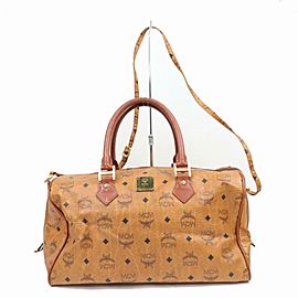 MCM Cognac Monogram Visetos Boston with Strap 870701 Brown Coated Canvas Satchel