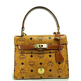 MCM Cognac Mini Satchel with Strap Monogram Kelly Top Handle 7ma516 Brown Coated Canvas Cross Body Bag