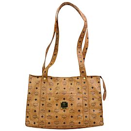 MCM Cognac Monogram Visetos Long Strap Tote 870491 Brown Canvas Shoulder Bag