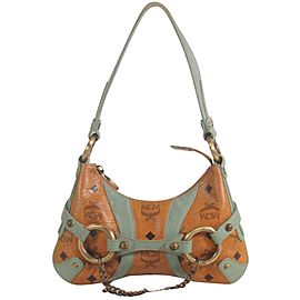 MCM Hobo Horsebit Mini Turquoise 872468 Cognac Coated Canvas Shoulder Bag