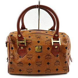 MCM Logo Doctors Cognac Monogram Visetos Boston 872641 Light Brown Coated Canvas Satchel