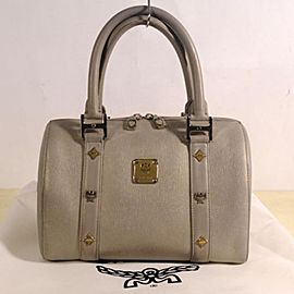 MCM Studded Saffiano Boston 868498 Grey Leather Tote