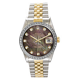 Rolex Men's Datejust Two Tone Custom Diamond Bezel & Dark Pearl Diamond Dial