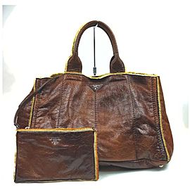 Prada Brown Leather Shearling Tote Bag with Pouch 861718