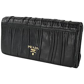 Prada Black Leather Ruffle Cinched Wallet Long Bifold 25PR1210