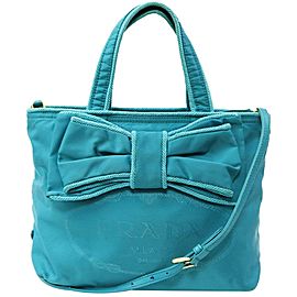 Prada Blue Nylon Tessuto Bow Logo ConvertibleTote Bag 863124