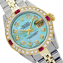 Rolex Datejust 6917 Two Tone Green Mother Of Pearl Dial Diamond & Ruby 26mm Womens Watch