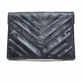 Saint Laurent Navy Blue Chevron Quilted Enevelop 869993 Black Leather Clutch