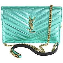 Saint Laurent Metallic Green Chevron YSL Monogram Wallet on Chain Flap Bag 6YSL1216