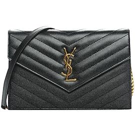 Saint Laurent Wallet on Chain Grey Dark Quilted Gold 860004 Charcoal Leather Cross Body Bag