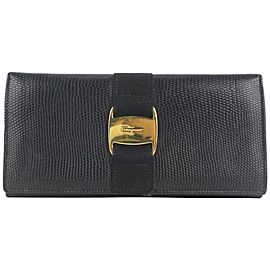 Salvatore Ferragamo Exotic Black Lizard Gancini Long Bifold Wallet 901fer413