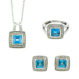 Sterling Silver and Blue Topaz Necklace, Ring, and Earrings Set