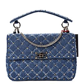 Valentino Chain Quilted Denim Rocstud Flap 1vk1127 Blue Deerskin Leather Cross Body Bag