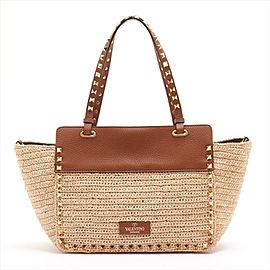 Valentino Beige Raffia Rockstud Studded 2way Oonvertible Tote with Strap 2val917